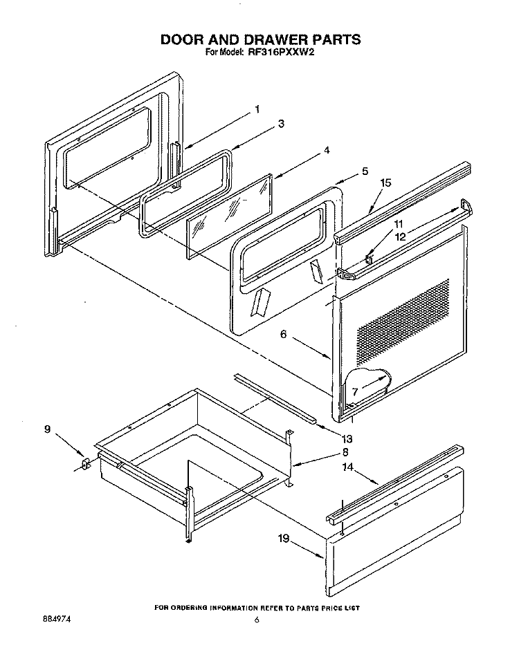 DOOR AND DRAWER Diagram and Parts List for RF316PXXB2  Whirlpool Range
