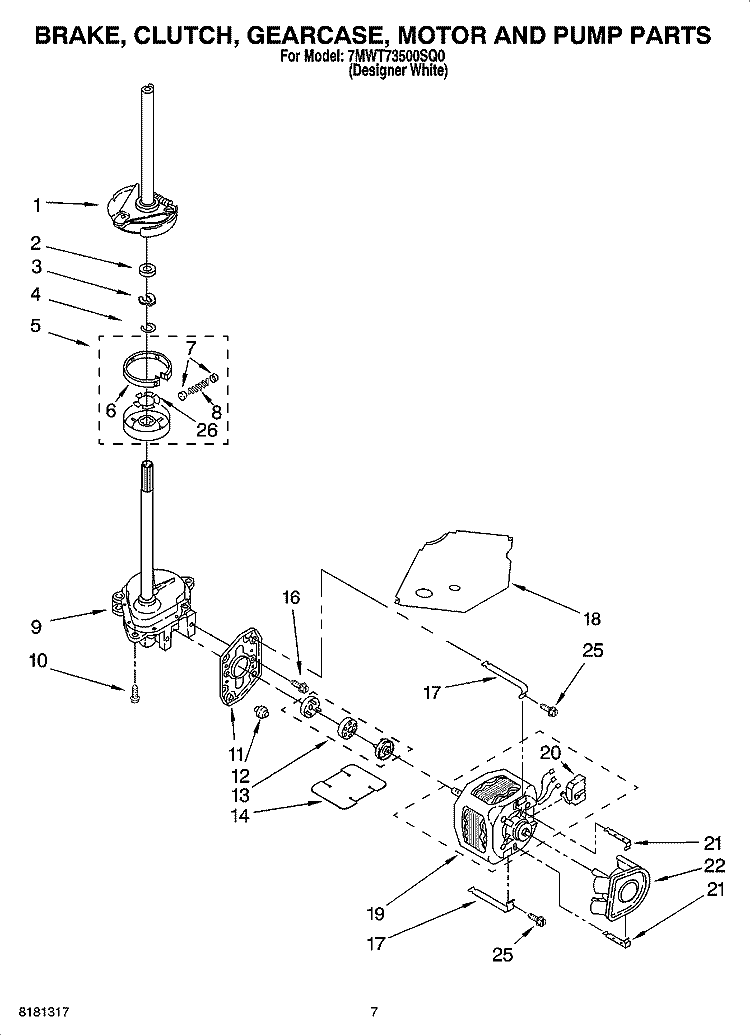 BRAKE, CLUTCH, GEARCASE, MOTOR AND PUMP PARTS Diagram and Parts List for 7MWT73500SQ0  Whirlpool Washer
