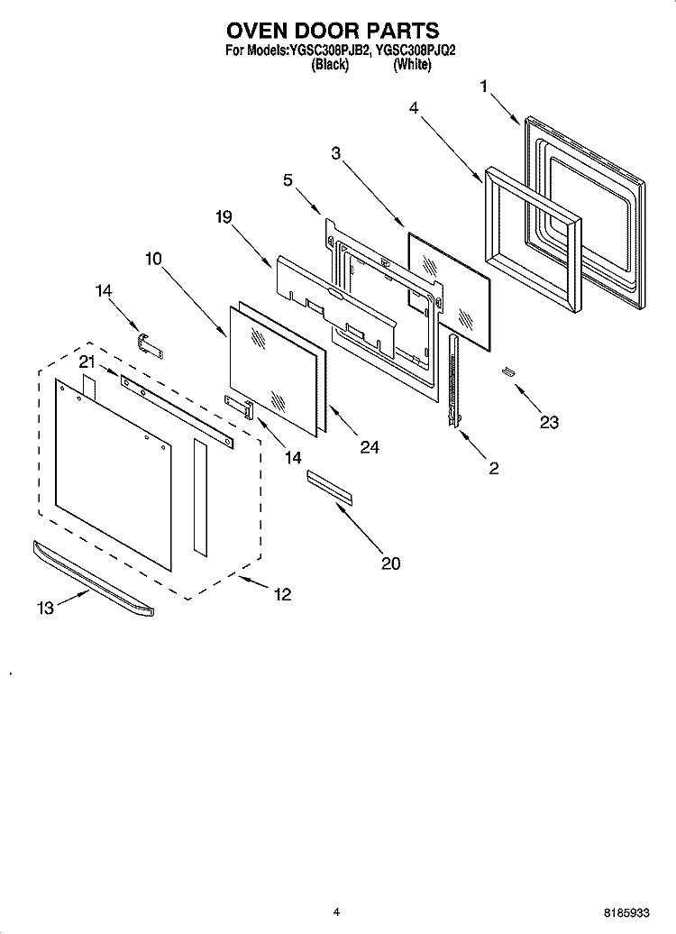 OVEN DOOR PARTS Diagram and Parts List for YGSC308PJB2  Whirlpool Microwave Oven Combo