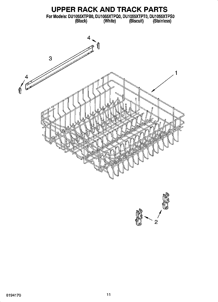 UPPER RACK AND TRACK PARTS Diagram and Parts List for DU1055XTPB0  Whirlpool Dishwasher