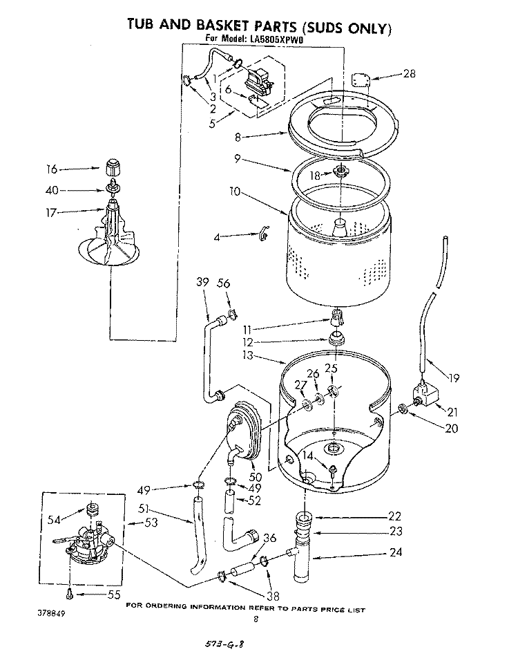 TUB AND BASKET (SUDS ONLY) Diagram and Parts List for LA5805XPW0  Whirlpool Washer