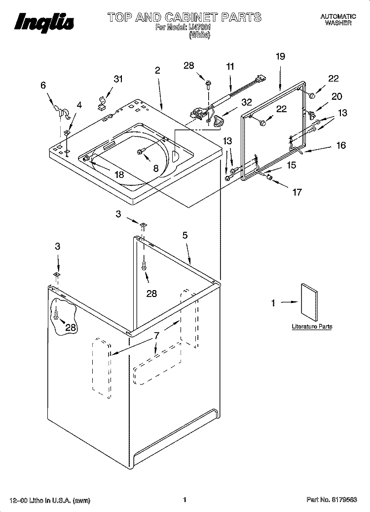TOP AND CABINET PARTS Diagram and Parts List for IJ47001  Inglis Washer