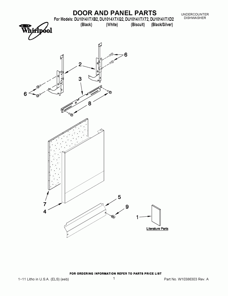DOOR AND PANEL PARTS Diagram and Parts List for DU1014XTXB2  Whirlpool Dishwasher