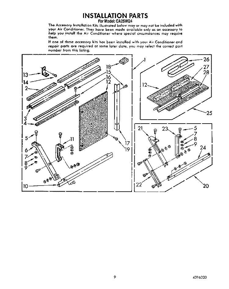 INSTALLATION PARTS Diagram and Parts List for CA25WQ4  Whirlpool Air Conditioner