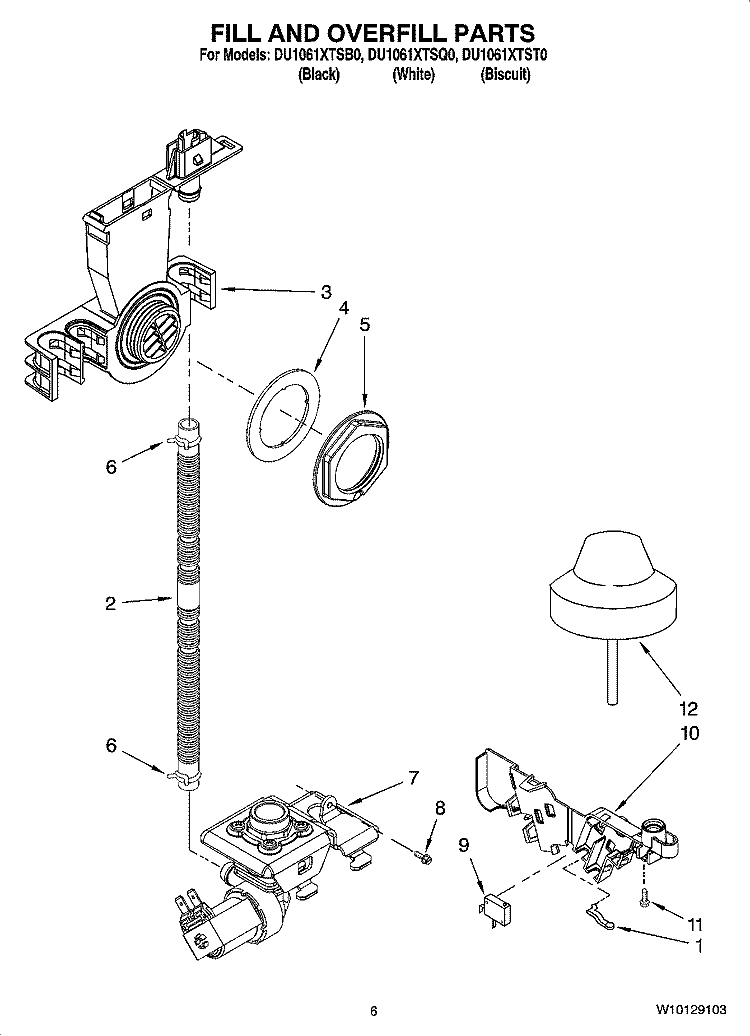 FILL AND OVERFILL PARTS Diagram and Parts List for DU1061XTST0  Whirlpool Dishwasher