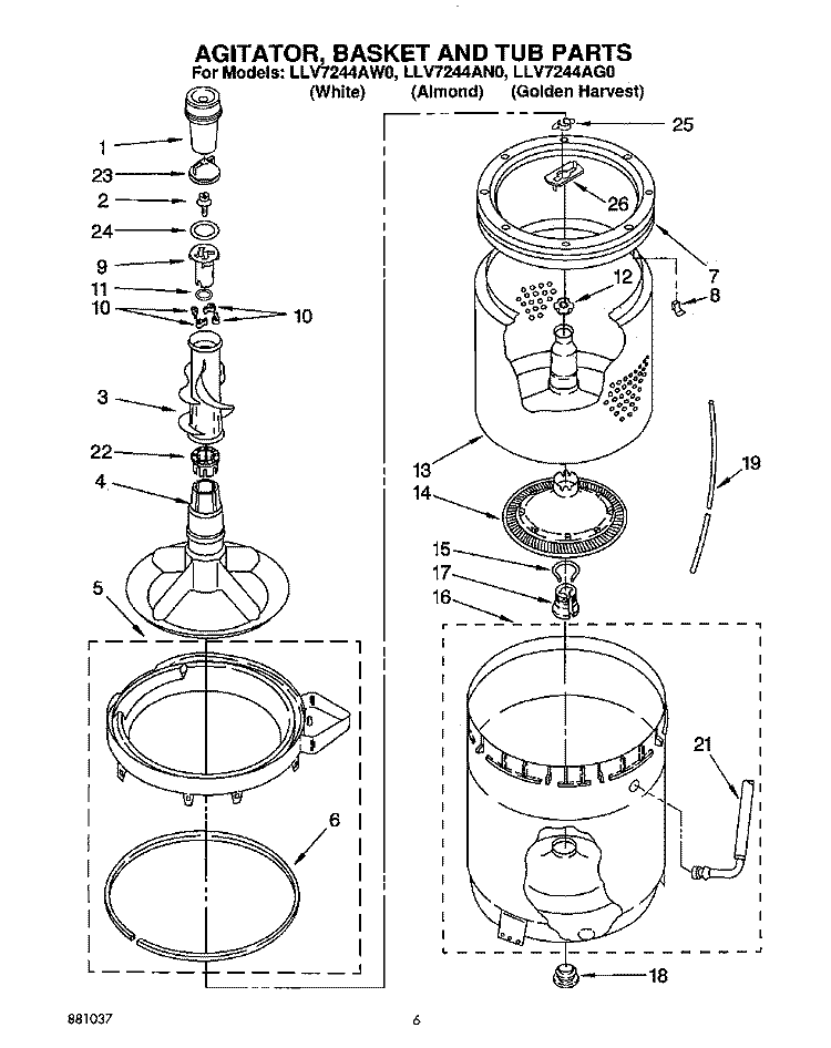 AGITATOR, BASKET AND TUB Diagram and Parts List for LLV7244AW0  Whirlpool Washer