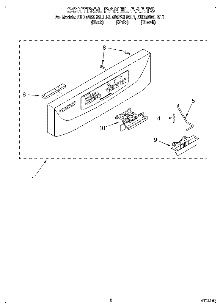 CONTROL PANEL Diagram and Parts List for KUDM25SHBT1  KitchenAid Dishwasher