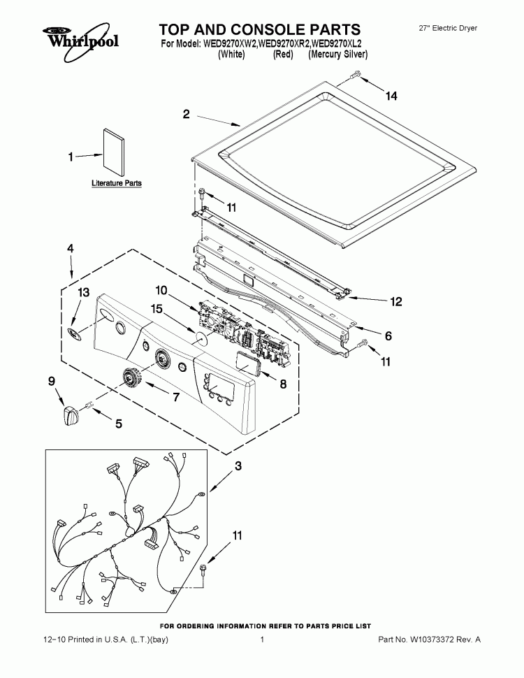 TOP AND CONSOLE PARTS Diagram and Parts List for WED9270XL2  Whirlpool Dryer