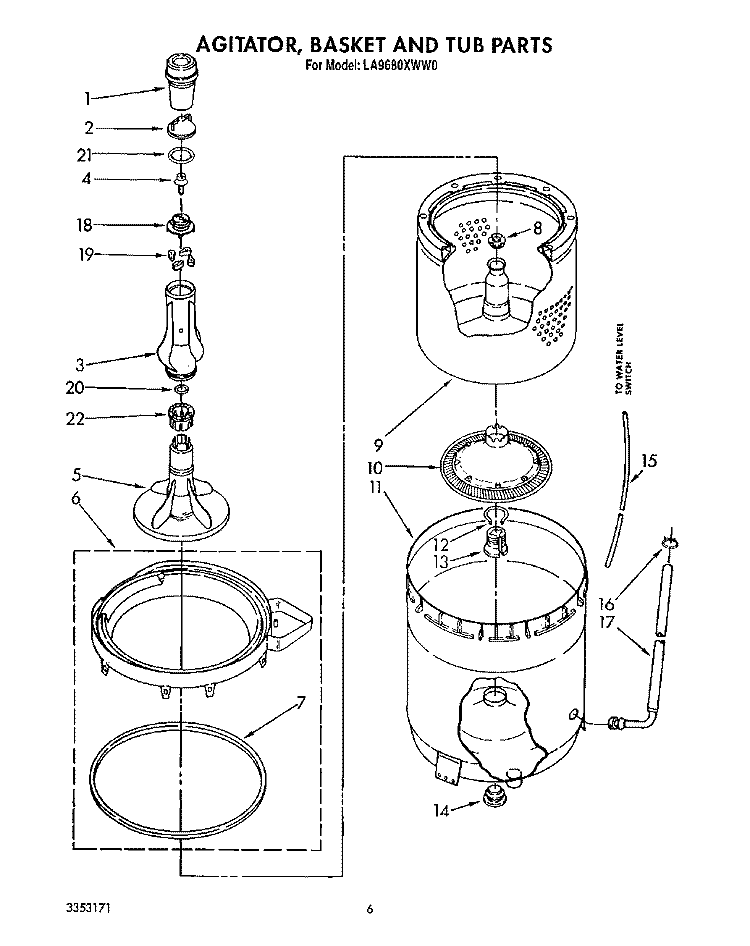 AGITATOR, BASKET AND TUB Diagram and Parts List for LA9680XWN0  Whirlpool Washer