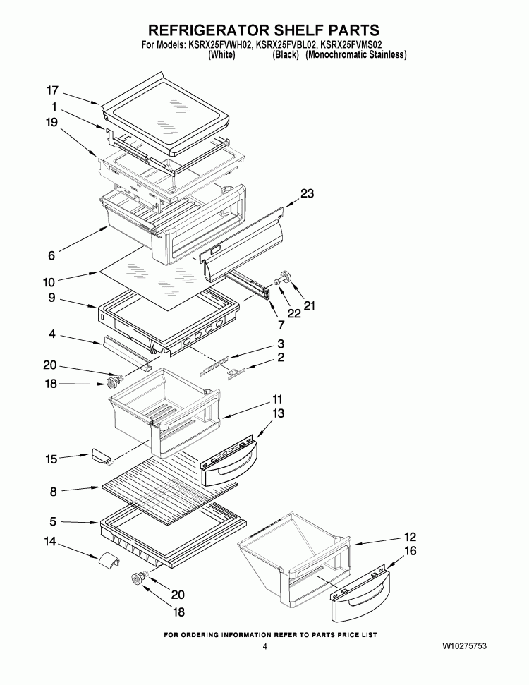 REFRIGERATOR SHELF PARTS Diagram and Parts List for KSRX25FVMS02  KitchenAid Refrigerator