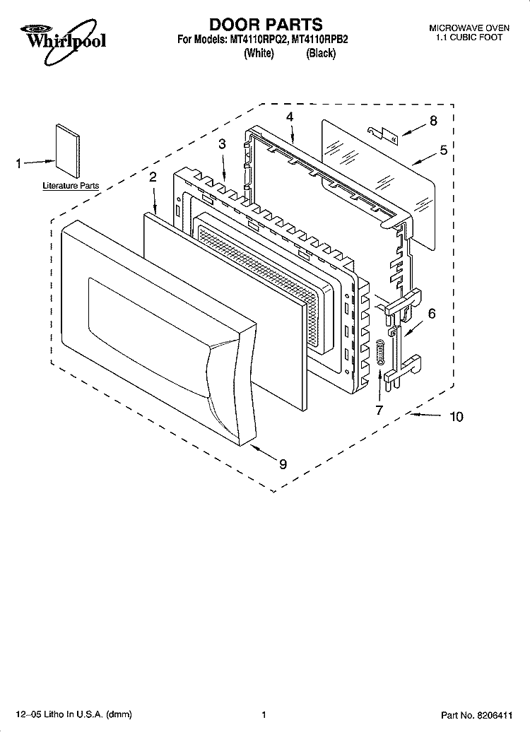 DOOR PARTS Diagram and Parts List for MT4110RPB2  Whirlpool Microwave
