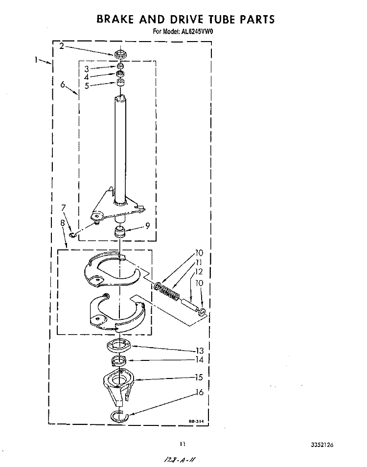 BRAKE AND DRIVE TUBE Diagram and Parts List for AL6245VL0  Whirlpool Washer