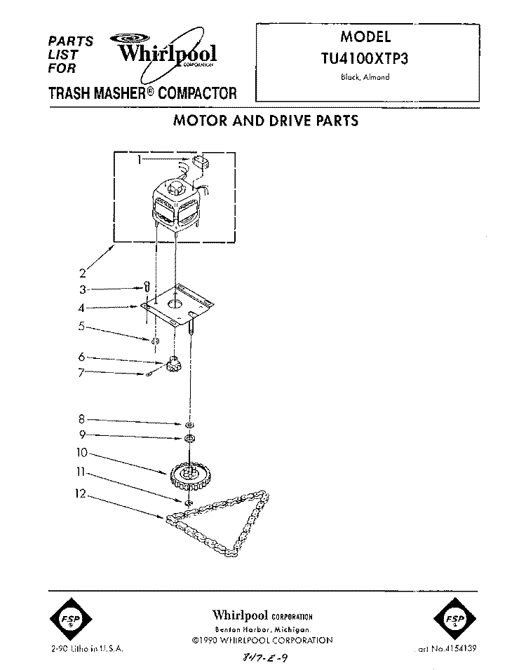 MOTOR AND DRIVE Diagram and Parts List for TU4100XTP3  Whirlpool Trash Compactor