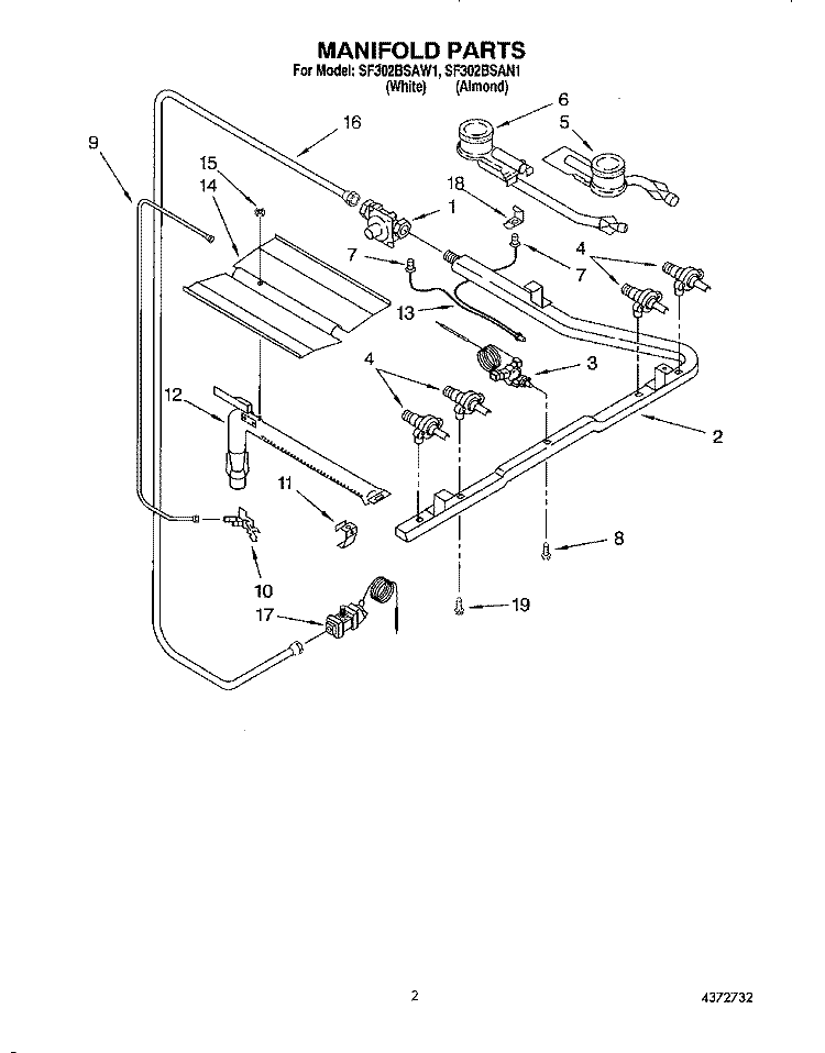 MANIFOLD Diagram and Parts List for SF302BSAN1  Whirlpool Range