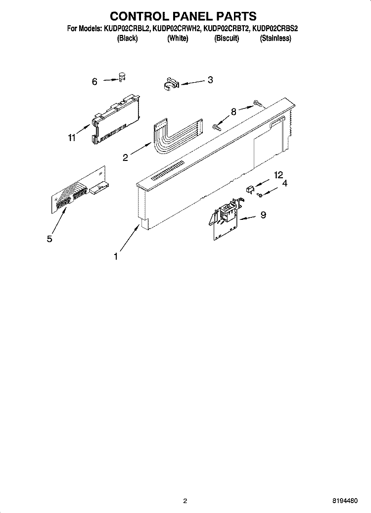 CONTROL PANEL PARTS Diagram and Parts List for KUDP02CRBS2  KitchenAid Dishwasher