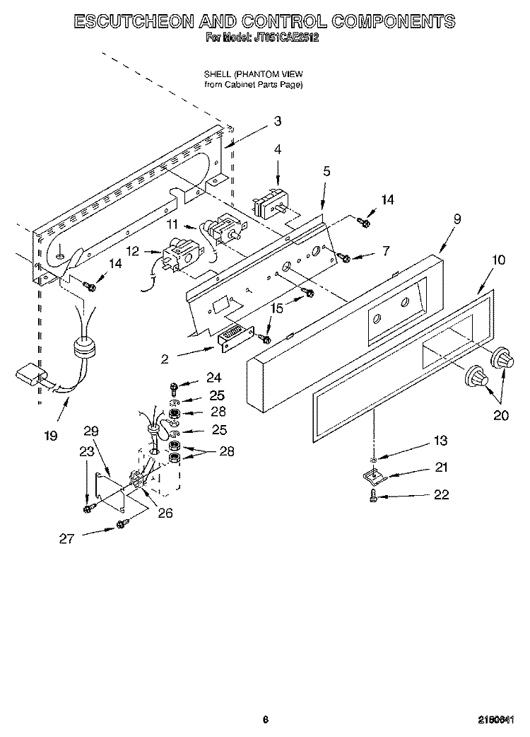 ESCUTCHEON AND CONTROL COMPONENTS Diagram and Parts List for JT051CAE2512  Whirlpool Ice Maker