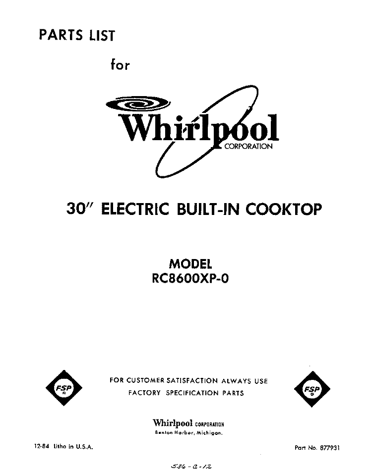 SECTION Diagram and Parts List for RC8600XP0  Whirlpool Cooktop