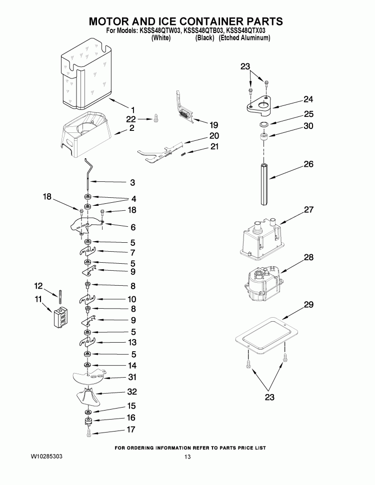 MOTOR AND ICE CONTAINER PARTS Diagram and Parts List for KSSS48QTW03  KitchenAid Refrigerator