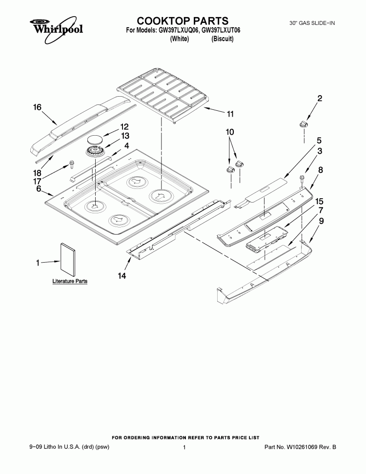 COOKTOP PARTS Diagram and Parts List for GW397LXUT06  Whirlpool Range