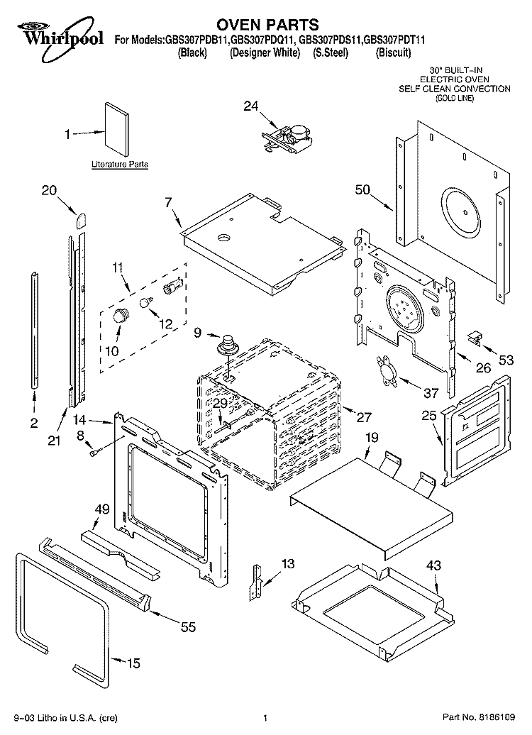 OVEN PARTS Diagram and Parts List for GBS307PDB11  Whirlpool Wall Oven