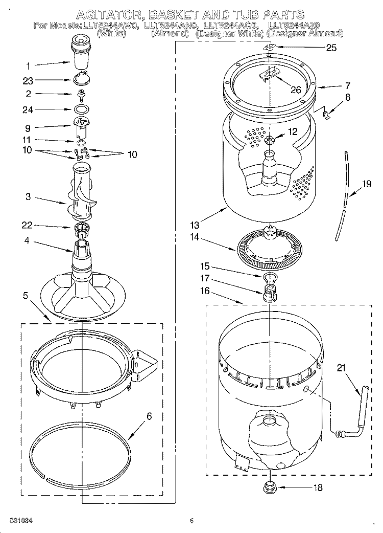 AGITATOR, BASKET AND TUB Diagram and Parts List for LLT8244AW0  Whirlpool Washer