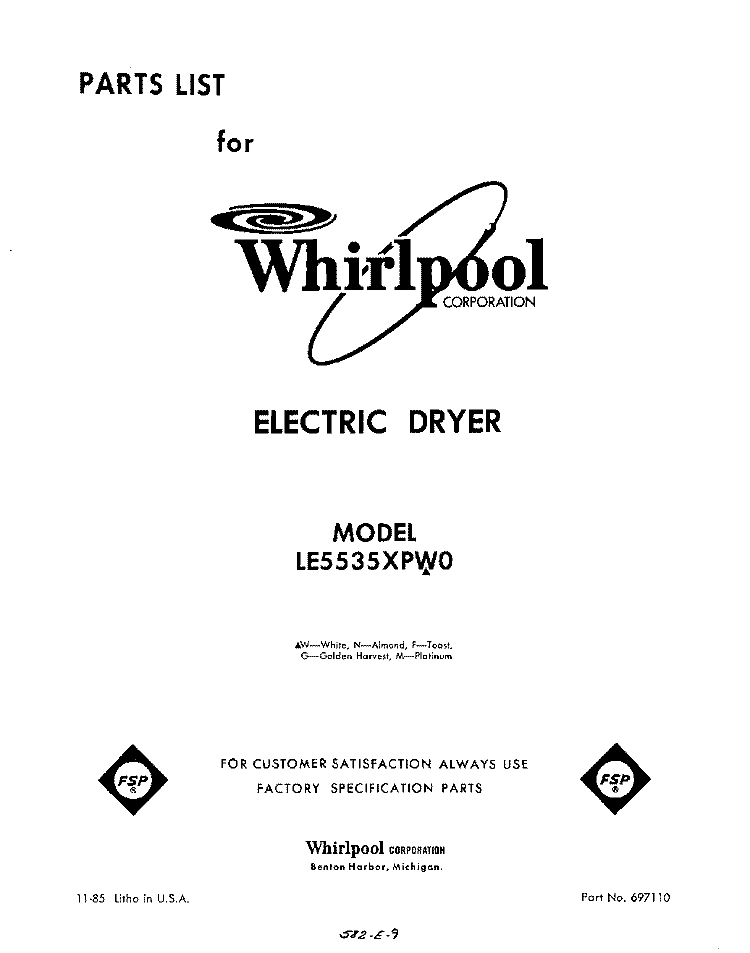 SECTION Diagram and Parts List for LE5535XPW0  Whirlpool Dryer