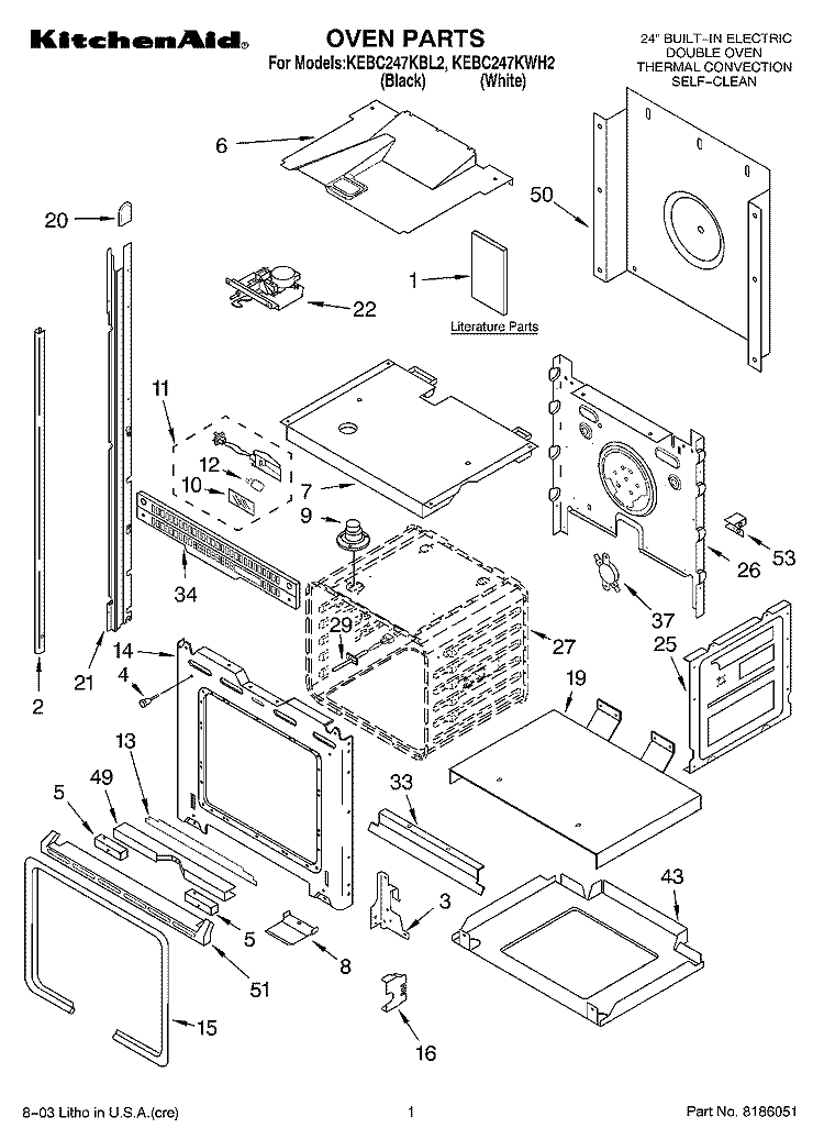OVEN PARTS Diagram and Parts List for KEBC247KWH2  KitchenAid Wall Oven
