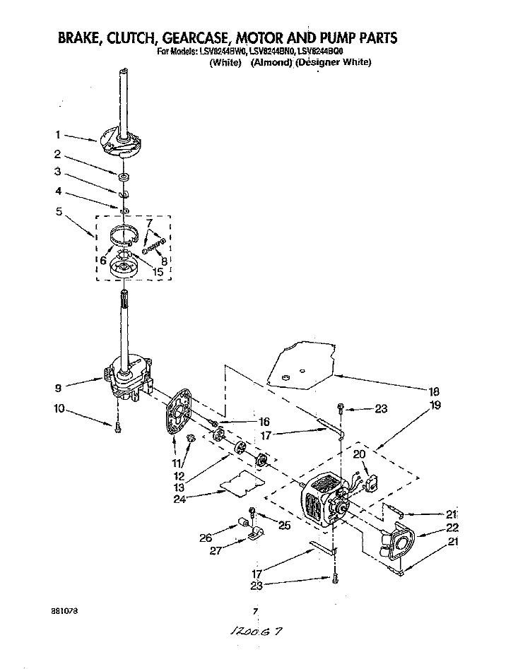 BRAKE, CLUTCH, GEARCASE, MOTOR & PUMP Diagram and Parts List for LSV8244BN0  Whirlpool Washer