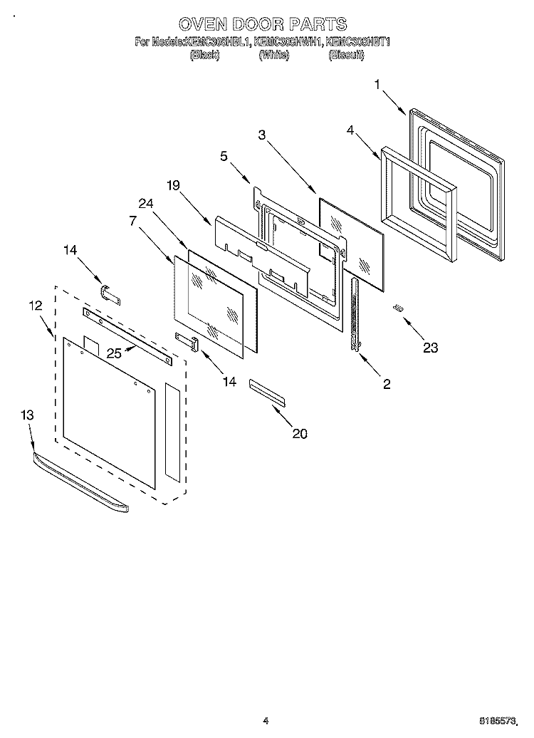 OVEN DOOR Diagram and Parts List for KEMC308HWH1  KitchenAid Microwave Oven Combo