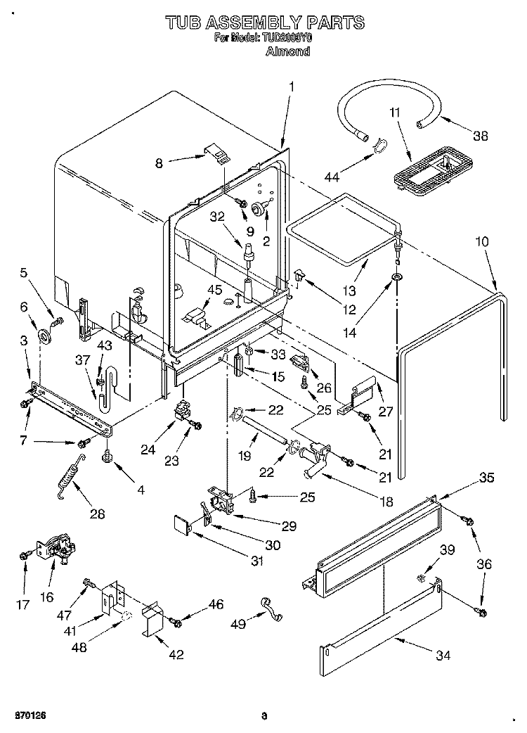 TUB ASSEMBLY, LIT/OPTIONAL Diagram and Parts List for TUD2000Y0  Whirlpool Dishwasher
