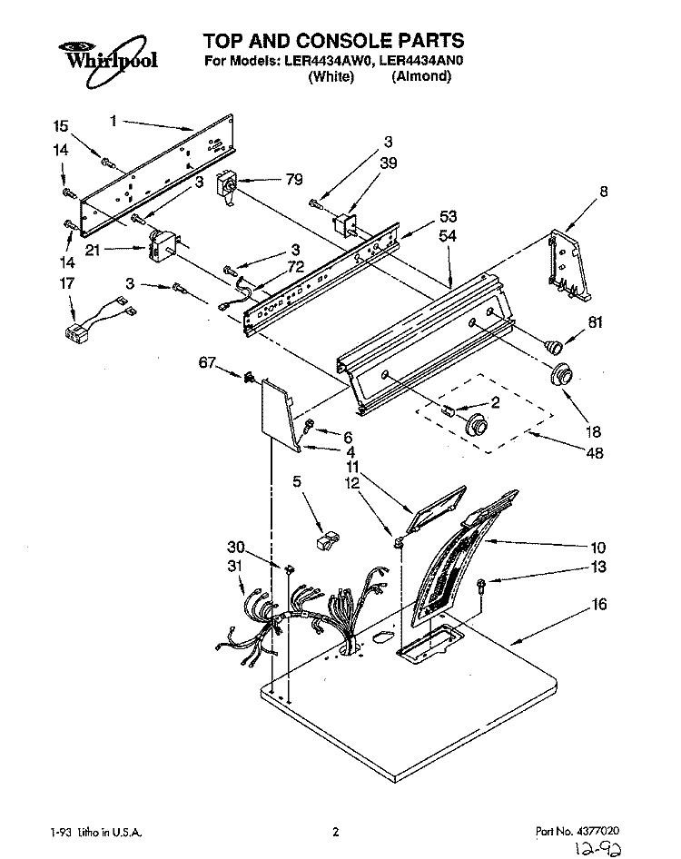SECTION Diagram and Parts List for LER4434AN0  Whirlpool Dryer