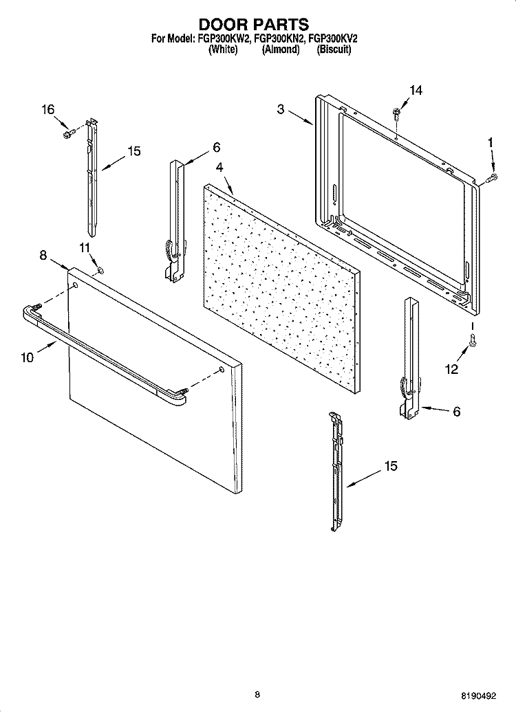 DOOR PARTS, MISCELLANEOUS PARTS Diagram and Parts List for FGP300KN2  Roper Range