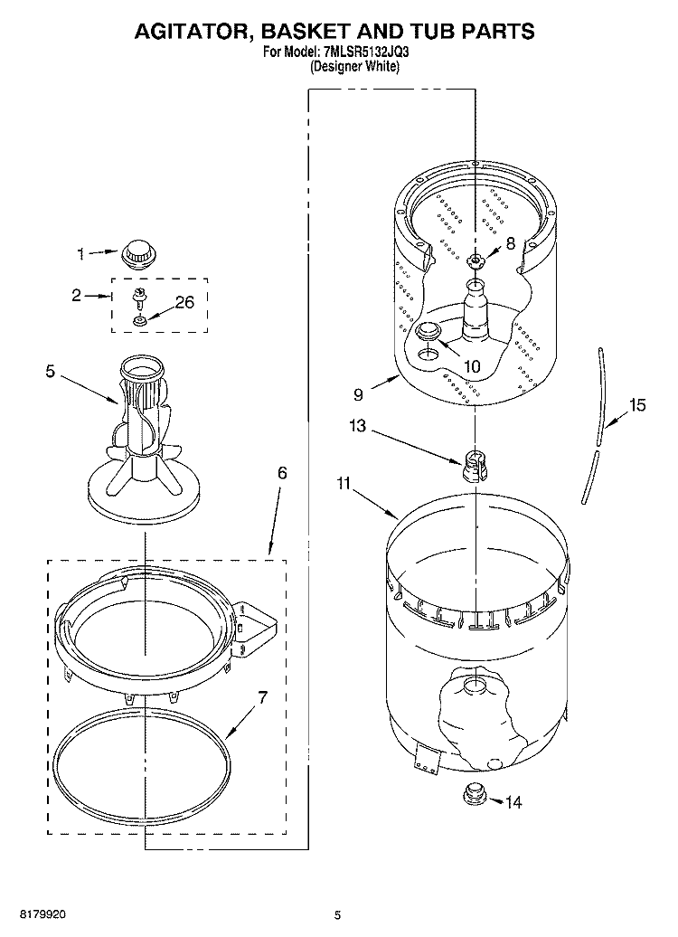 AGITATOR, BASKET AND TUB Diagram and Parts List for 7MLSR5132JQ3  Whirlpool Washer