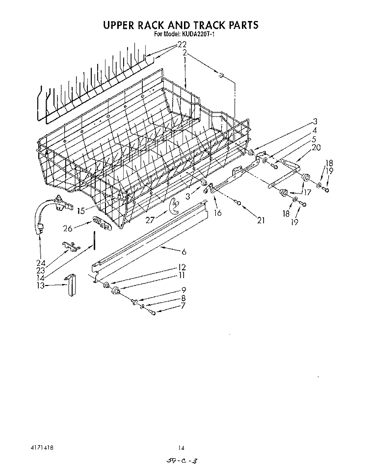 UPPER RACK AND TRACK Diagram and Parts List for KUDA220T1  KitchenAid Dishwasher