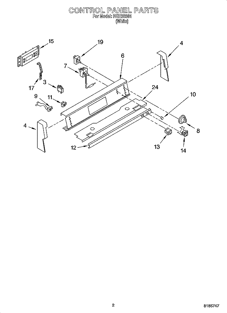 CONTROL PANEL PARTS Diagram and Parts List for RGE33301  Roper Range