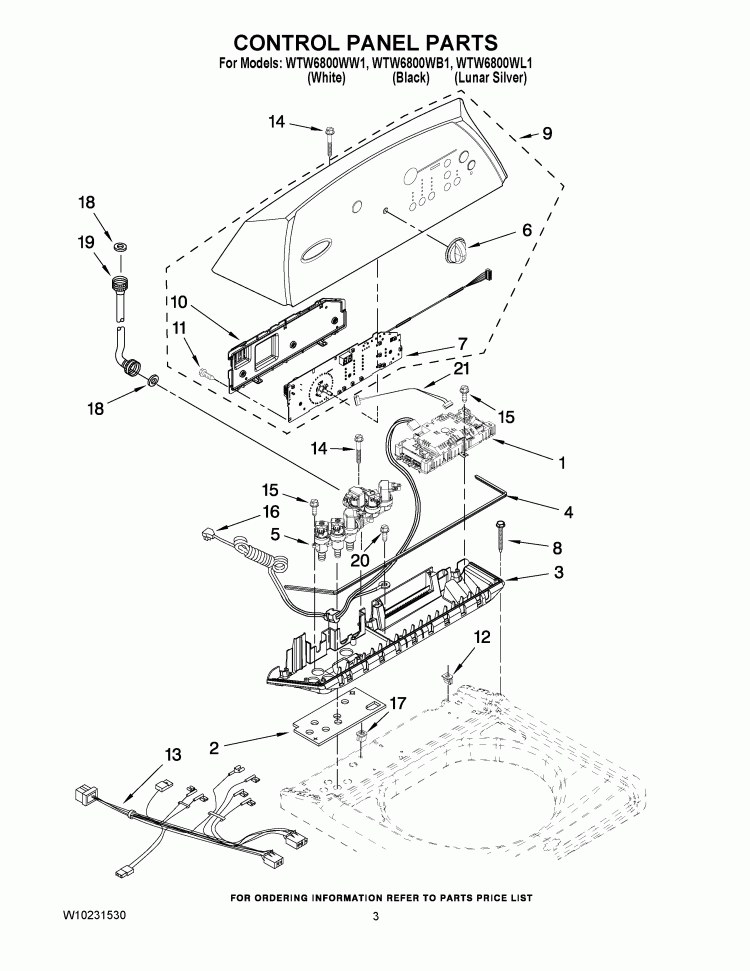 CONTROL PANEL PARTS Diagram and Parts List for WTW6800WW1  Whirlpool Washer