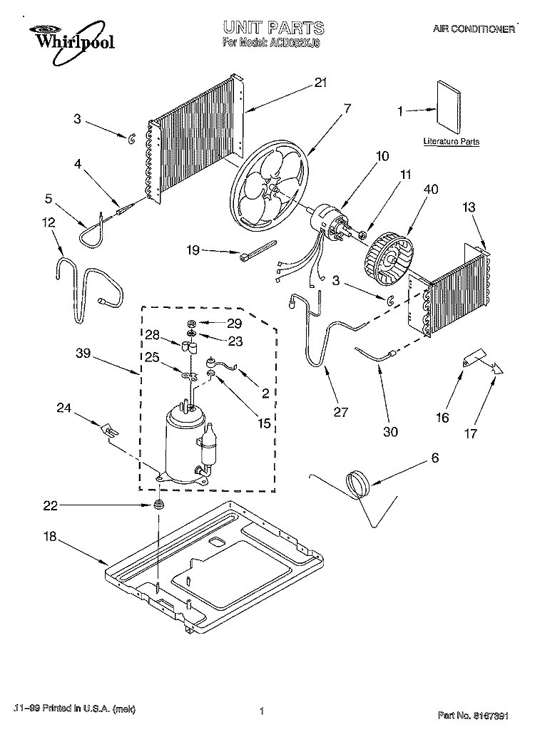 UNIT, LITERATURE Diagram and Parts List for ACD052XJ0  Whirlpool Air Conditioner