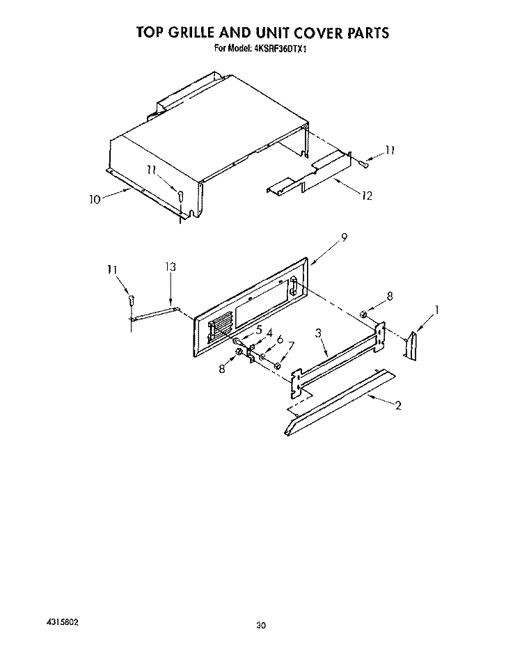 TOP GRILLE AND UNIT COVER Diagram and Parts List for 4KSRF36DTX1  KitchenAid Refrigerator