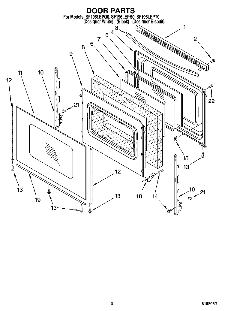 DOOR PARTS, OPTIONAL PARTS Diagram and Parts List for SF196LEPT0  Whirlpool Range