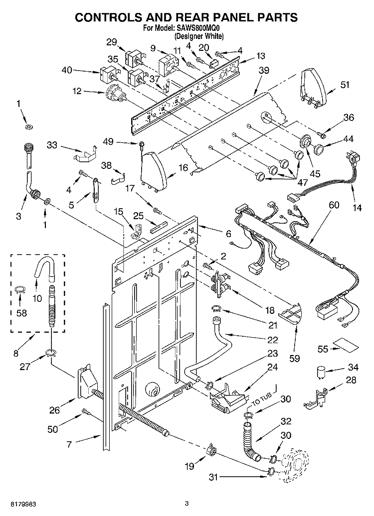 CONTROLS AND REAR PANEL PARTS Diagram and Parts List for SAWS800MQ0  Whirlpool Washer