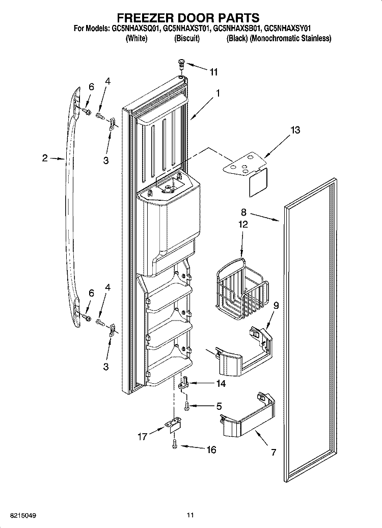 FREEZER DOOR PARTS Diagram and Parts List for GC5NHAXSY01  Whirlpool Refrigerator
