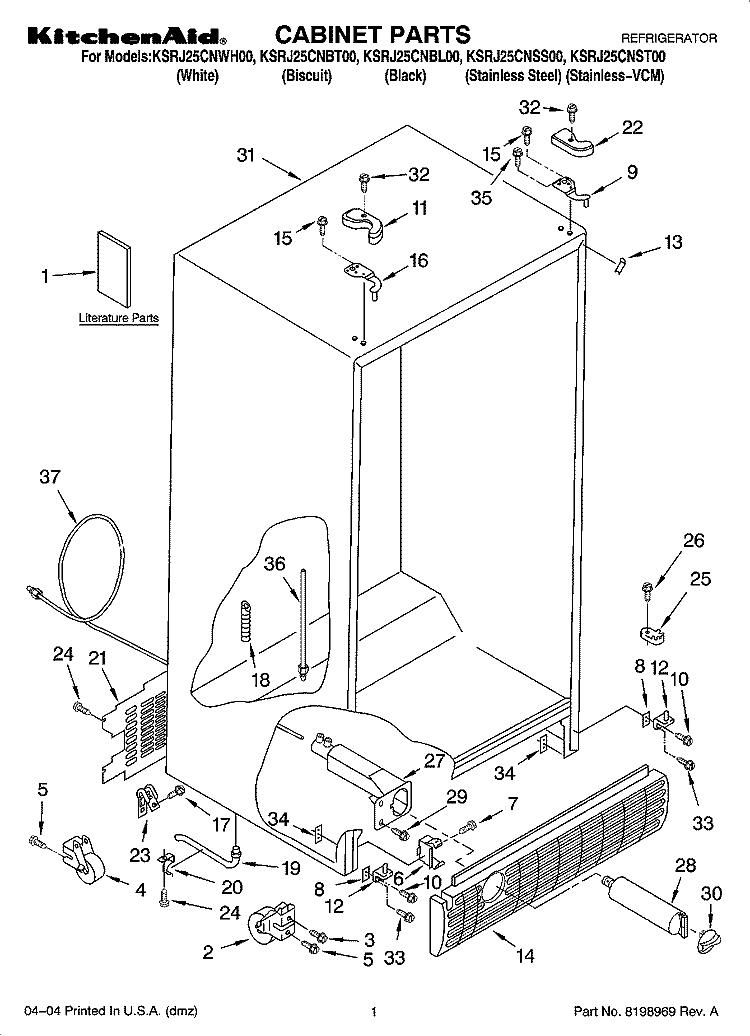 CABINET PARTS Diagram and Parts List for KSRJ25CNBT00  KitchenAid Refrigerator