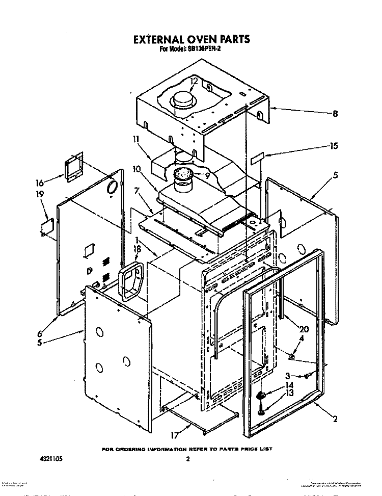 EXTERNAL OVEN Diagram and Parts List for SB130PER2  Whirlpool Range
