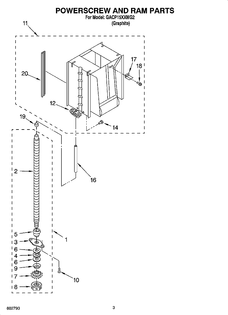 POWERSCREW AND RAM PARTS Diagram and Parts List for GACP15XXMG2  Whirlpool Trash Compactor