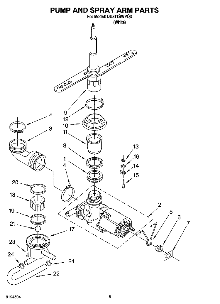 PUMP AND SPRAY ARM PARTS Diagram and Parts List for DU811SWPQ3  Whirlpool Dishwasher