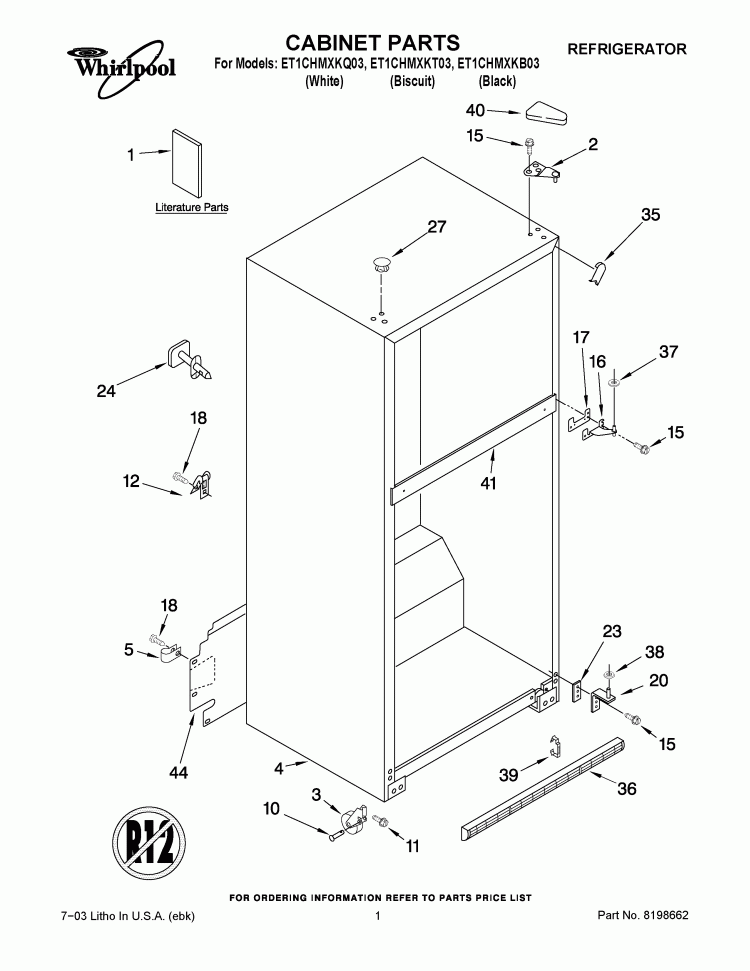 CABINET PARTS Diagram and Parts List for ET1CHMXKQ03  Whirlpool Refrigerator