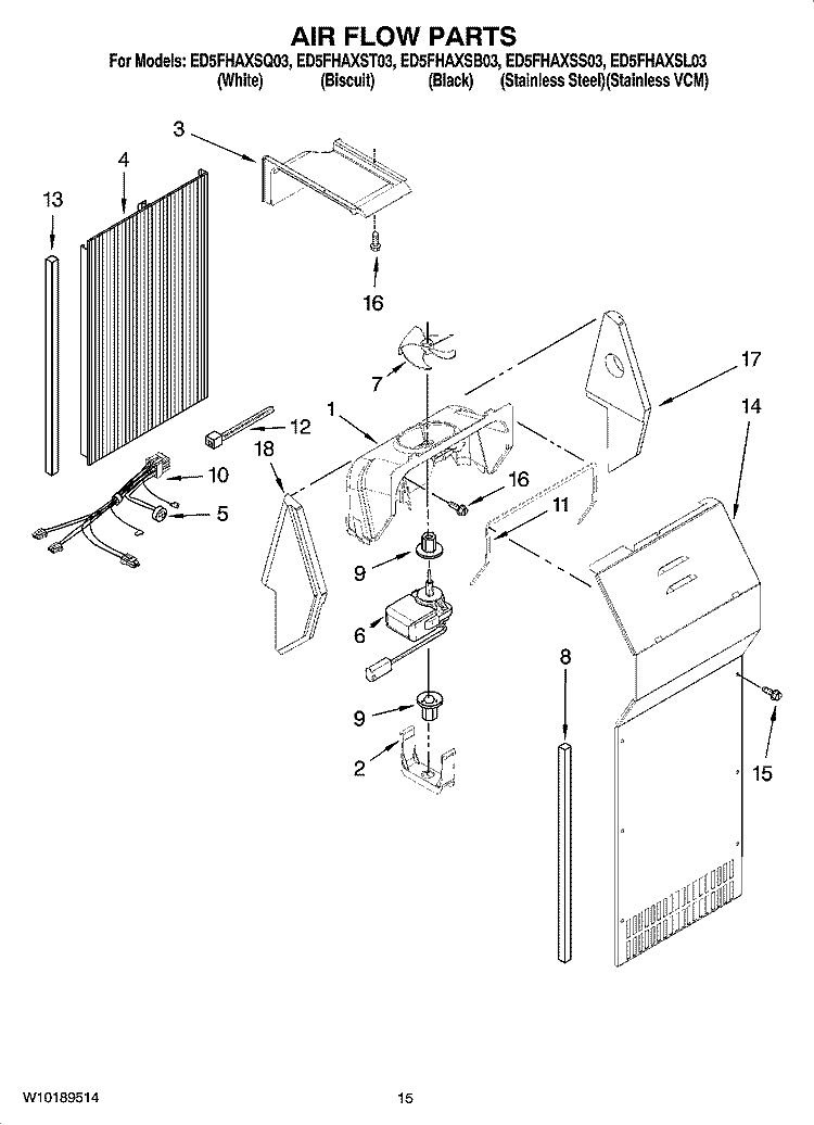 AIR FLOW PARTS Diagram and Parts List for ED5FHAXSQ03  Whirlpool Refrigerator