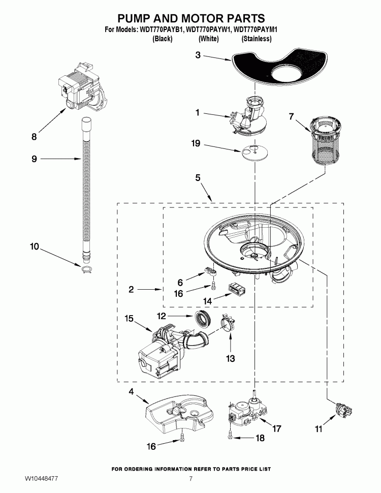 PUMP AND MOTOR PARTS Diagram and Parts List for WDT770PAYW1  Whirlpool Dishwasher
