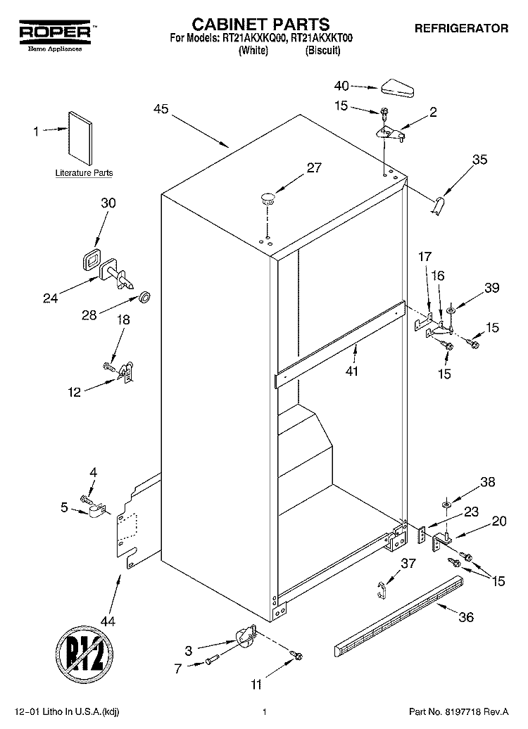 CABINET, LITERATURE Diagram and Parts List for RT21AKXKT00  Roper Refrigerator