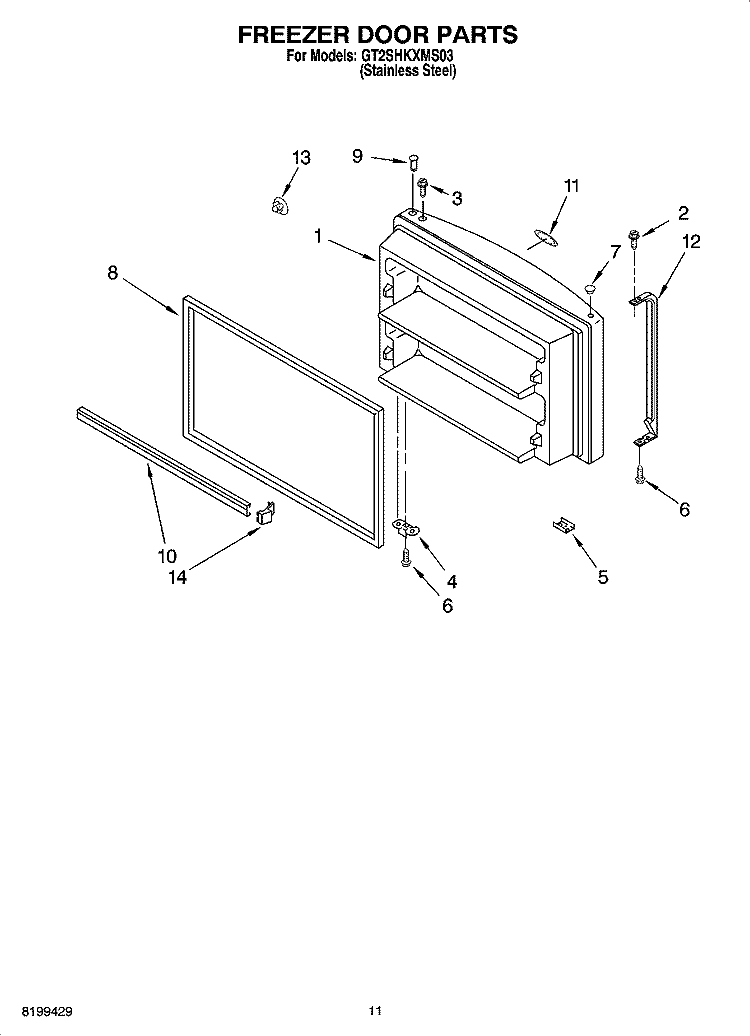 FREEZER DOOR PARTS Diagram and Parts List for GT2SHKXMS03  Whirlpool Refrigerator